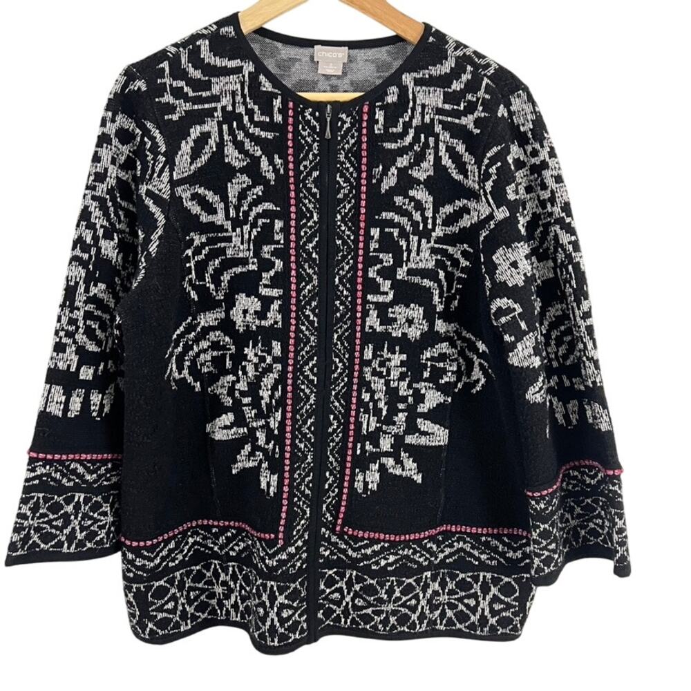 Chicos Structured Jacquard Jacket Blazer Zip Up Nordic Women Size 3 XL